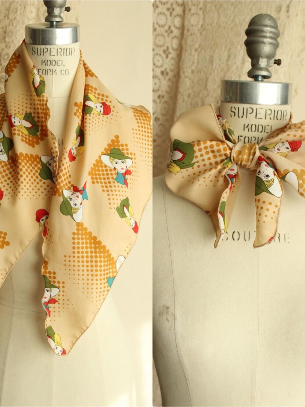 Vintage 1970s Scarf, Vera Neumann Mod Portrait and Polka Dot Print, Poly Neckerc